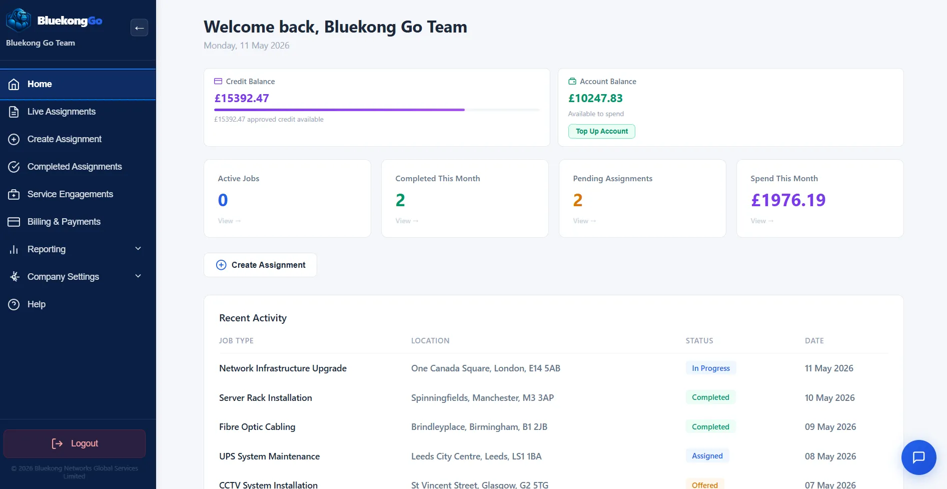 BlueKong Go product dashboard preview